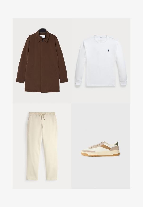 Brown outerwear coat with a straight cut, point collar, two side pockets, and a single button closure. Smooth fabric texture.; Long-sleeve white T-shirt made of cotton, featuring a crew neckline and a small navy logo on the left chest. Smooth texture, simple design.; Off-white casual pants with elastic waistband and drawstring, straight legs, and side pockets against a plain background.; Sneakers in beige, cream, and olive green, featuring suede and leather materials, a round toe, minimalistic design, and a rubber sole.