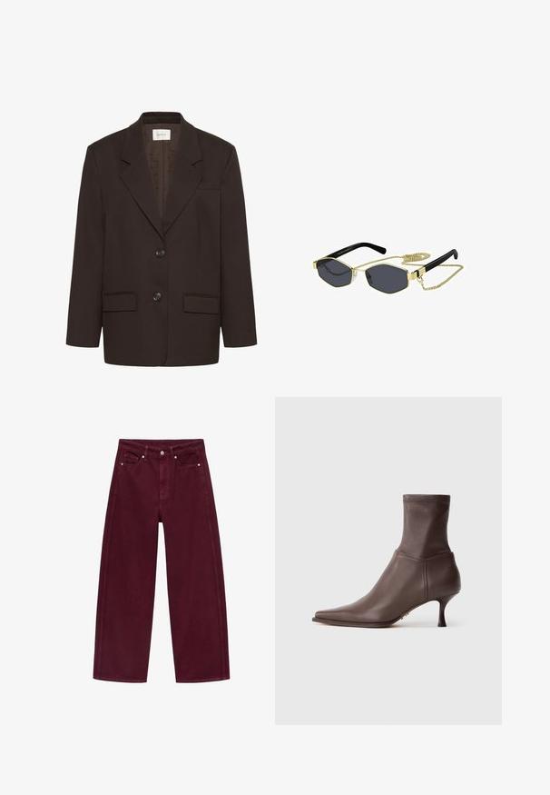 Tmavohnedý blazer s klopami, dvoma prednými chlopňovými vreckami, dvoma gombíkmi a vreckom na hrudi od značky Gestuz.; Čierny pletený sveter s krátkymi rukávmi, s okrúhlym výstrihom. Nosený s modrými riflami s vysokým pásom. Jednoduchý dizajn, mäkká textúra.; Burgundské široké nohavice vyrobené z denimového bavlneného materiálu, s dizajnom štyroch vreciek a kovovým zapínaním s ladiacim prešívaním.; Hnedá kožená členková topánka s špicatou špičkou a štíhlým stredne vysokým podpätkom na bielom pozadí.; Oktagonálne slnečné okuliare s tmavými sklami, zlatými kovovými akcentmi a čiernymi plastovými rámami; súčasťou je odnímateľný zlatý retiazkový pásik.; Béžová obrus s mriežkou malých, rovnomerne rozmiestnených čiernych bodiek; orámovaná tenkým čiernym lemom. Hladký povrch, obdĺžnikový tvar.; Čierna nubuková kabelka s hladkým koženým lemom, dvojitými zaoblenými rúčkami, odnímateľným popruhom a kovovým zipsom. Logo embosované na prednej strane.