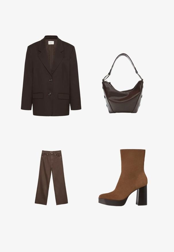 Ciemnobrązowa marynarka z klapami, dwoma przednimi kieszeniami z patkami, dwoma guzikami i kieszenią na piersi od Gestuz.; Brązowa koszulka z krótkim rękawem, wykonana z miękkiego materiału, z okrągłym dekoltem i luźnym krojem. Brak widocznych wzorów lub akcentów.; Szerokie brązowe dżinsy wykonane z denimu, z wysokim stanem, przednimi kieszeniami i klasycznym zapięciem na guzik. Gładka faktura z subtelnym przeszyciem.; Brązowe zamszowe botki sięgające kostki z zaokrąglonym noskiem, masywnym czarnym paskiem na obcasie i gładką powierzchnią. Charakteryzują się dopasowanym krojem bez widocznych elementów metalowych.; Ciemnobrązowa skórzana torebka o zaokrąglonym kształcie, zamykana na zamek błyskawiczny, z krótkim uchwytem. Posiada metalowe elementy i ozdobne czarne guziki po bokach.