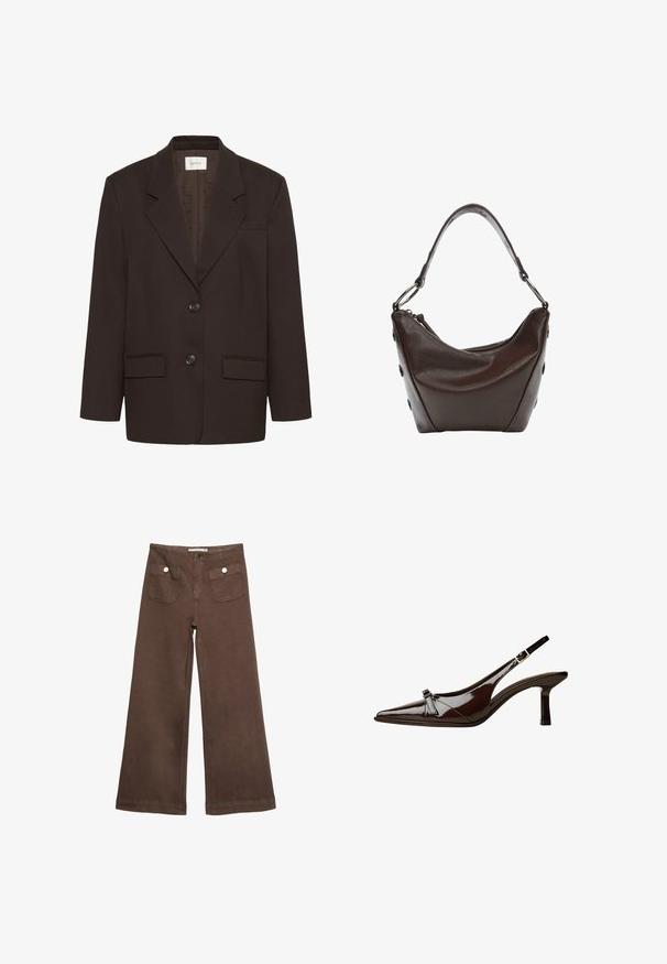 Blazer marrone scuro con revers a notched, due tasche frontali a pattina, due bottoni e una tasca welt sul petto di Gestuz.; Maglietta a maniche corte marrone realizzata in tessuto morbido, con scollatura rotonda e vestibilità rilassata. Nessun motivo o dettaglio visibile.; Pantaloni larghi marroni in cotone, con due tasche frontali decorate da bottoni argentati e una texture liscia.; Scarpa slingback in pelle verniciata marrone con punta appuntita, tacco basso e un accentuato fiocco decorativo nella parte anteriore. Texture liscia e lucente.; Borsa in pelle marrone scuro con forma curvata, chiusura con zip e manico corto. Caratterizzata da hardware in metallo e bottoni neri decorativi sul lato.