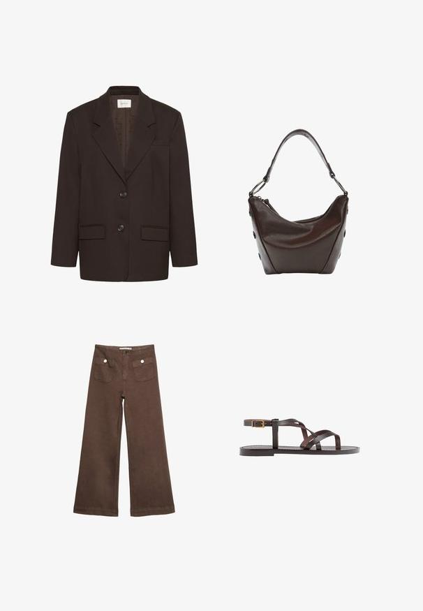Tmavohnedý blazer s klopami, dvoma prednými chlopňovými vreckami, dvoma gombíkmi a vreckom na hrudi od značky Gestuz.; Hnedé tričko s krátkym rukávom vyrobené z jemného materiálu, s okrúhlym výstrihom a voľným strihom. Žiadne viditeľné vzory ani akcenty.; Hnedé široké nohavice vyrobené z bavlny, s dvoma prednými vreckami so striebornými gombíkmi a hladkou textúrou.; Hnedé kožené sandály s krížovými popruhmi, uzatváraním na pracku okolo členku a plochou podrážkou s minimálnymi ševmi.; Tmavo hnedá kožená kabelka s zakriveným tvarom, so zipsom a krátkym uchom. Obsahuje kovové súčiastky a dekoratívne čierne gombíky na boku.