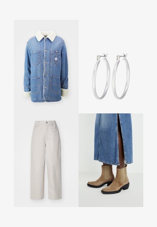 Jasnobłękitna kurtka dżinsowa z futrzanym kołnierzem i mankietami. Posiada cztery kieszenie i metalowe guziki. Miękki, teksturowany materiał.; Trzy topy na ramiączkach w kolorze miętowym, czarnym i beżowym; wykonane z prążkowanej tkaniny, z okrągłym dekoltem i bez rękawów. Widać metkę marki.; Beżowe spodnie bawełniane o szerokich nogawkach, z wysokim stanem, zapinane na guzik i zamek, z czterema kieszeniami; gładka tekstura z wykończeniem denimowym.; Zamszowe botki do kostek w kolorze brązowym z elastycznymi bocznymi panelami i czarnym słupkowym obcasem. Noszone z jasnoniebieską dżinsową spódnicą z bocznym rozcięciem.; Srebrne kolczyki w formie kółek o gładkim, polerowanym wykończeniu. O okrągłym kształcie i pewnym zapięciu na klik. Lekka konstrukcja odpowiednia do codziennego noszenia.