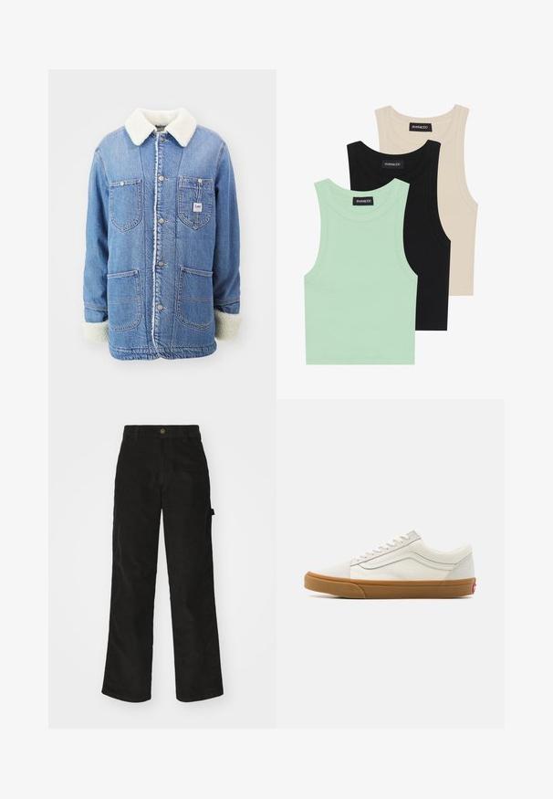 Leren spijkerjack in lichtblauw met een schapenvacht kraag en manchetten. Beschikt over vier zakken en metalen knopen. Zacht, gestructureerd materiaal.; Drie tanktops in mintgroen, zwart en beige; gemaakt van ribbelstof met een ronde halslijn en zonder mouwen. Merkenlabel zichtbaar.; Zwarte corduroy broek met een recht-pijpen ontwerp, voorzien van een knoopsluiting en zijzak. Gladde textuur met fijne verticale strepen.; Witte canvas sneakers met lage schacht, een gumrubberen zool, ronde neus, vetersluiting en een leren streep aan de zijkant.
