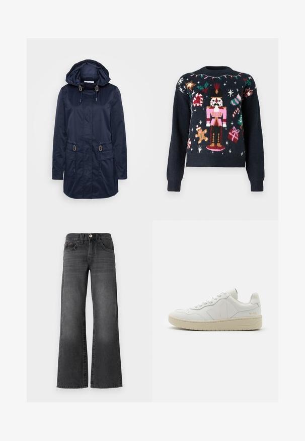 Tumes sinise värvi veekindel jakk kapuutsiga, kahe esifraktsiooni tasku, reguleeritavate nööpidega, siledat tekstuuri ja hõbedase tooni metallist detailide aktsente.; Tumedas sinises kampsunis, mis on kaunistatud pidulike kudumismustritega, sealhulgas näitsik, piparkoogimees, kommid ja kingitused mitmevärviliste aktsentidega.; Laial jalgevahega teksad tumedast hallist denimist. Omavad viit taskut, nööbi sulgemist ja kangal peent kulumist. Klassikaline õmbluste aktsent.; Valge nahast tennisetossud perforatsiooniga varbakupliga, kontrastsetes beežides kummitaldades ning logoga aktsentidega küljel ja kandmisel. Minimalistlik disain.