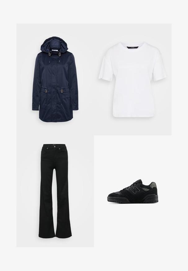 Marinblå vattentät jacka med huva, två framfickor, justerbara snoddar, slät textur och accenter i silverfärg.; Vit kortärmad t-shirt i bomull. Har en rund halsringning och lös passform, med en enkel design utan synliga mönster eller detaljer.; Svarta utsvängda jeans i denim, med hög midja, fem fickor och metallknappstängning. Slät textur med minimal detaljering.; Svart låg sko med texturerad sula, snörningsdesign, mockadetaljer och mönstrade accenter på häl och sidologotyp.