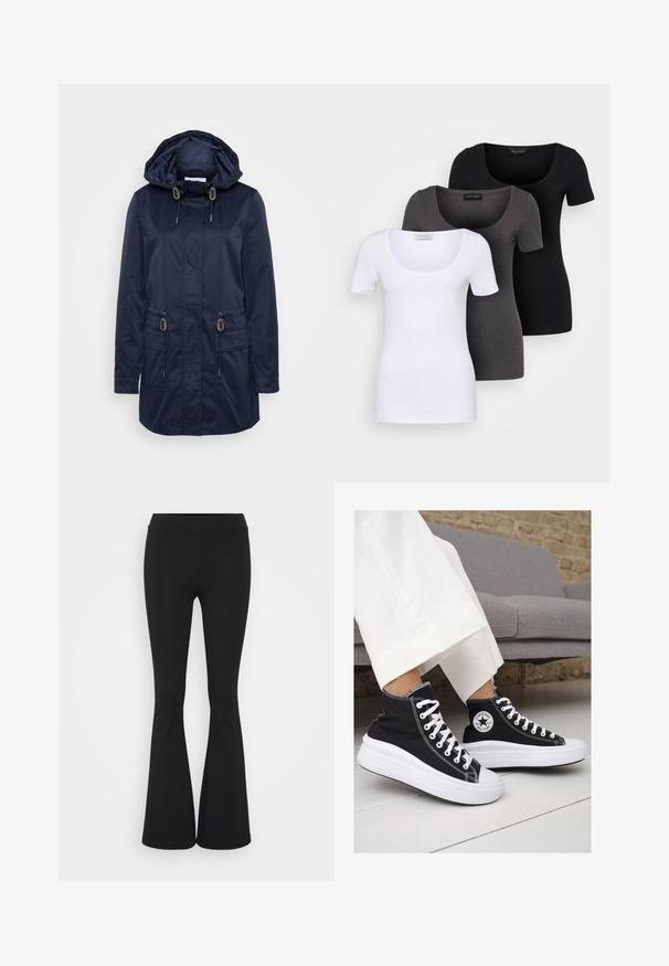 Casaco impermeável azul-marinho com capuz, dois bolsos frontais, cordões ajustáveis, textura suave e detalhes em metal prateado.; Três t-shirts ajustadas em branco, cinza e preto. Cada uma possui um decote amplo e mangas curtas. Feitas de um tecido liso e elástico.; Calças pretas de corte alargado feitas de tecido elástico, com uma cintura alta e uma textura suave. As calças alargam-se a partir do joelho.; Ténis de cano alto em lona preta com solas e atacadores brancos. Apresenta um logo circular na lateral e costura branca em contraste.