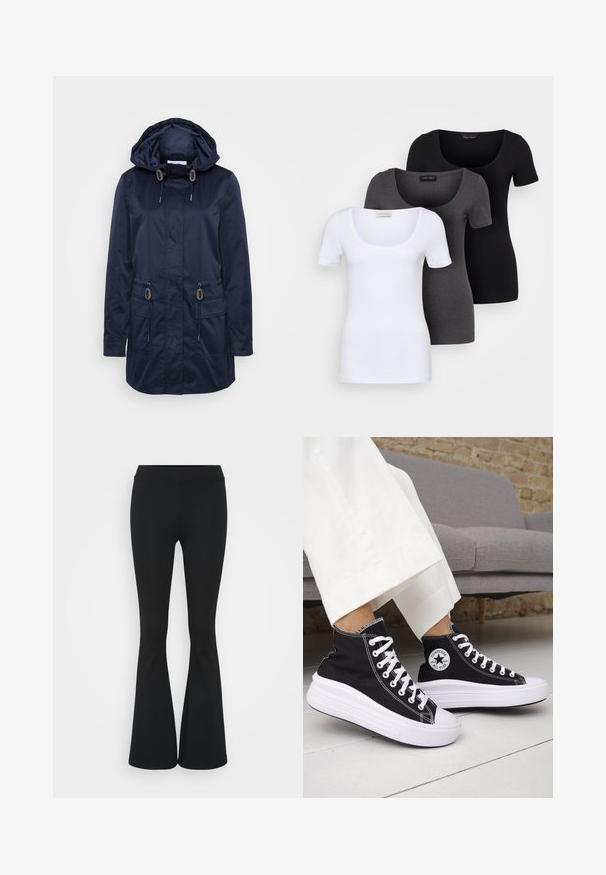 Jūrų tamsiai mėlynos spalvos vandeniui atspari striukė su gobtuvu, dviem priekinėm kišenėm, reguliuojamomis raišteliais, lygia tekstūra ir sidabro spalvos detalių akcentais.; Trys priderinti marškiniai: balti, pilki ir juodi. Kiekvienas turi plačią apvalią iškirptę ir trumpas rankoves. Pagaminti iš lygaus, tamprių audinio.; Juodai platėjantys kelnių, pagamintų iš tamprių medžiagų, kurie turi aukštą juosmenį ir lygią tekstūrą. Kelnės platėja nuo kelio.; Juodi aukštakulniai sportbačiai su baltais guminiu padu ir raišteliais. Ant jų yra apvalus logotipo lopas ir kontrastingos baltos siūlės. Pagaminti iš drobės medžiagos.