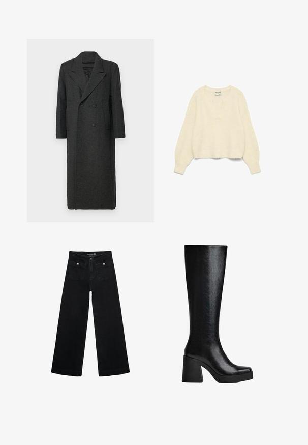 Tamno sivi vuneni kaput s dvostrukim kopčanjem, s reverima na zakopčavanju i dva prednja džepa. Ima glatku teksturu i minimalne metalne detalje.; Ivory pleteni pulover s dubokim V-izrezom, dugim rukavima i rebrastim rubom. Mekani tekstur; blago skraćeni dizajn s detaljima prevelikog kroja.; Crne široke traperice s visokim strukom, koje imaju dva prednja džepa i metalne gumbe kao ukrase. Tkanina ima glatku teksturu.; Crna čizma do koljena izrađena od teksturiranog sintetičkog materijala, s četvrtastim vrhom, debelim visokim potplatom i glatkom, sjajnom površinom.