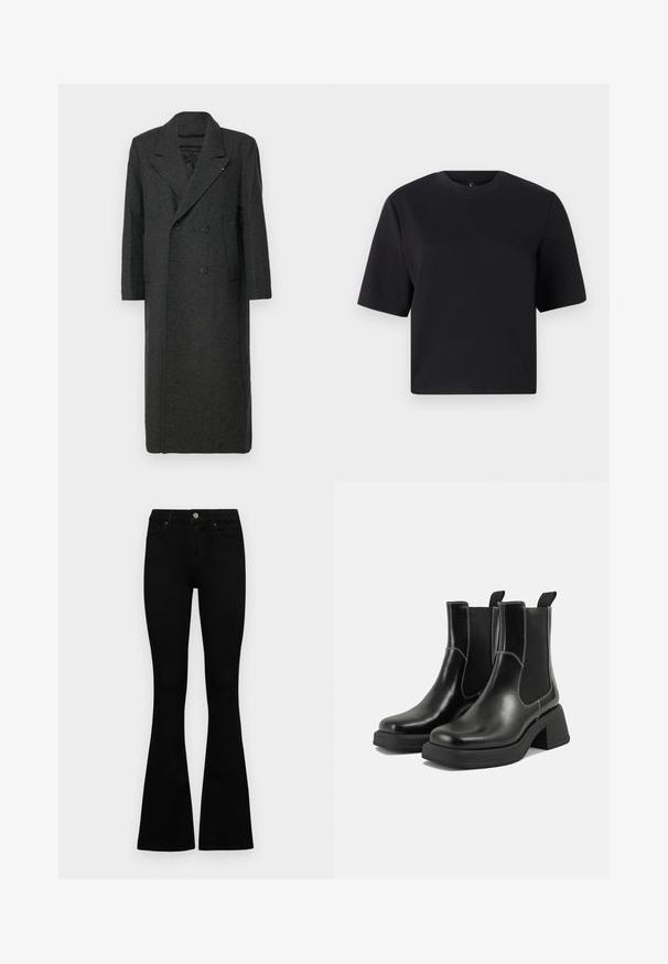 Cappotto in lana grigio scuro con design doppiopetto, rever a punta e due tasche frontali. Presenta una texture liscia e hardware minimale.; T-shirt nera a maniche corte, colletto rotondo, realizzata in cotone liscio; vestibilità rilassata, design minimale, senza motivi o accenti visibili.; Jeans neri a vita alta con chiusura a bottoni e zip, tasche frontali e gambali svasati, distesi su uno sfondo bianco.; Stivali Chelsea in pelle nera con tacco spesso, pannelli elasticizzati sui lati e cuciture bianche a contrasto. Finitura testurizzata.