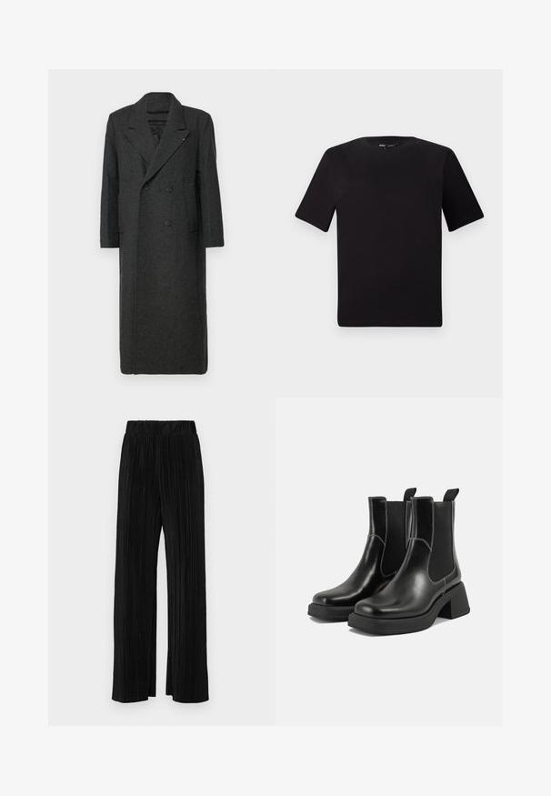 Tamsiai pilkas vilnonis paltas su dvigubu užsegimu, išpjautomis atlapomis ir dviem priekiais kišenėmis. Jame yra lygus paviršius ir minimalus aparatūra.; Juodas trumpas rankovės marškinėlis su apvaliu iškirpimu, pagamintas iš minkštos medvilnės medžiagos. Paprastas dizainas, be matomų logotipų ar raštų.; Juodi plisuoti kelnės su elastine juosta. Turėkite plačias kojas ir glotnų, tekstūrinį audinį su vertikaliais dryžiais.; Juodos odinės Chelsea botai su storiu kulnu, elastinėmis šoninėmis panelėmis ir kontrastinga balta siūle. Tekstūruota apdaila.