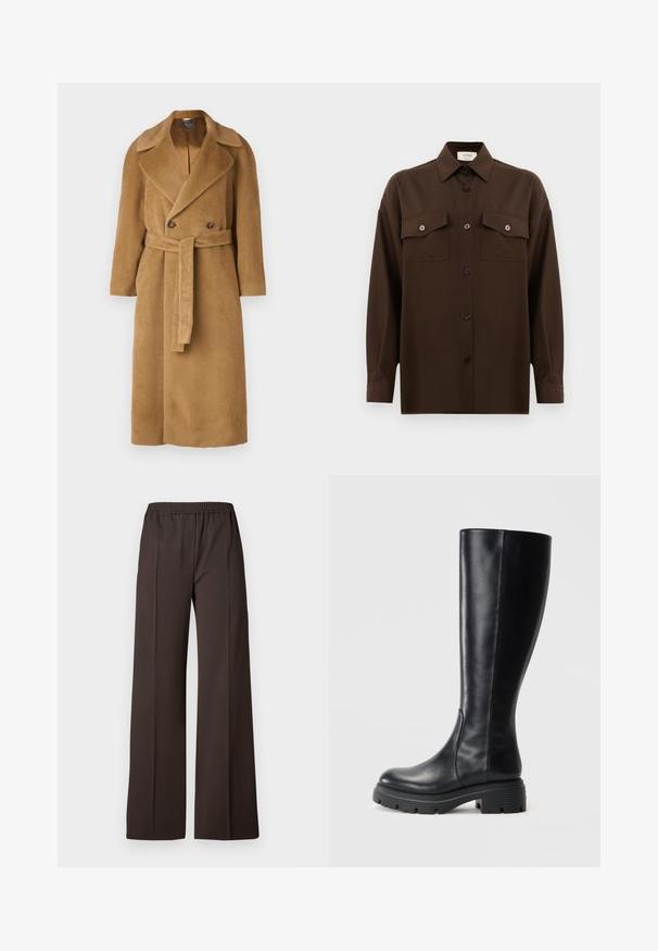 Alberta Ferretti LONG JACKET - Mantel - brown; Donkerbruin langarm overhemd met knopen, voorzien van twee zakken met klep op de borst en een klassieke kraag, weergegeven tegen een effen witte achtergrond.; Wijdvallende broek in donkerbruin stof met een elastische tailleband, voorzien van een gladde textuur en scherpe lijnen voor een verzorgd uiterlijk.; Zwarte kniehoge laarzen van soepel leer, met een ronde neus en een robuuste rubberen zool met loopprofielen voor grip.