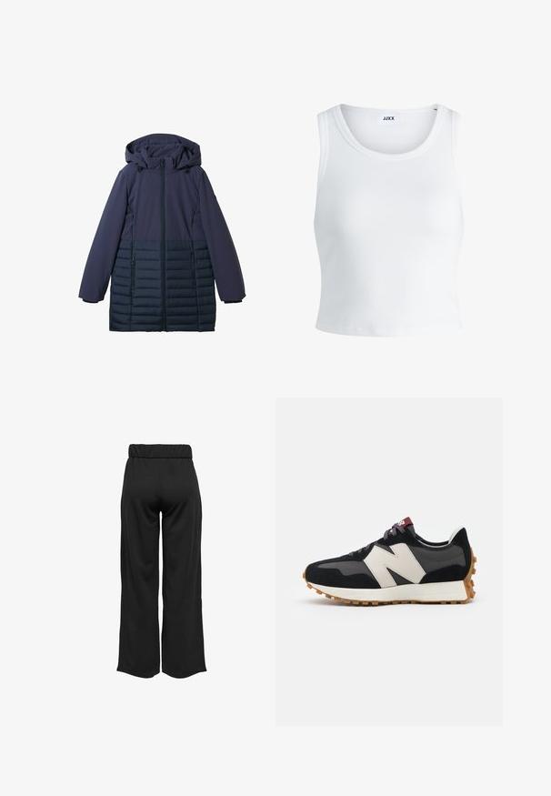 Granatowa kurtka z puchową dolną częścią, gładkim górnym materiałem, kapturem i dwoma zamykanymi na zamek kieszeniami z przodu. Lekka konstrukcja.; Biały prążkowany top na ramiączkach z okrągłym dekoltem, bez rękawów i skróconej długości. Metka z napisem "JJXX." Gładka faktura materiału.; Czarne, szerokie spodnie z elastycznym pasem, wykonane z gładkiego materiału. Charakteryzują się prostym wzornictwem, bez kieszeni i widocznych szwów.; Czarno-szare zamszowe sneakersy z dużym kremowym logo "N", purpurowymi sznurówkami i teksturowaną gumową podeszwą.