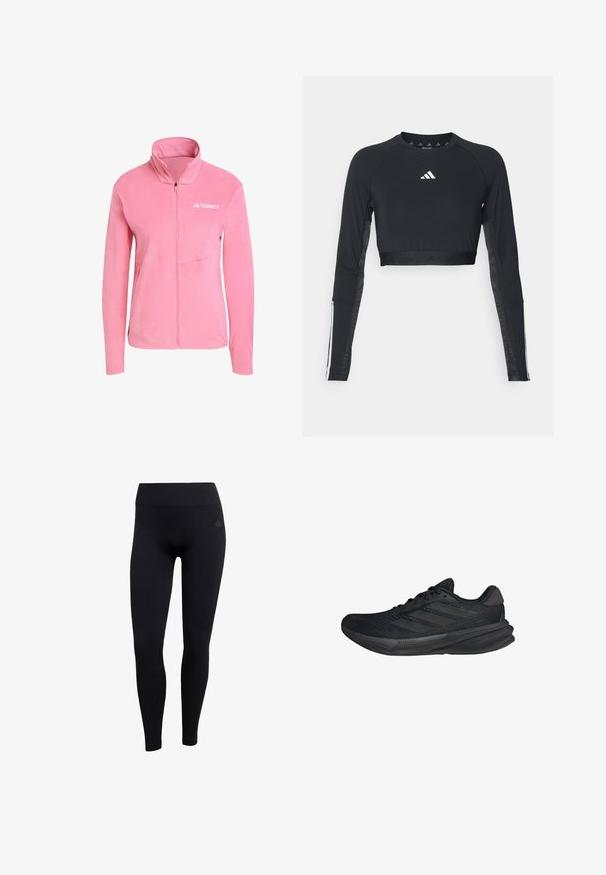Vaaleanpunainen fleece-takki, jossa on korkea kaulus, täysi vetoketju, sivutasku ja valkoinen "TERREX"-logo rinnassa. Pehmeä rakenne, virtaviivainen muotoilu.; Mustahattu musta pitkähihaiseksi treenipaidaksi, joka on valmistettu sileästä kankaasta. Paidassa on valkoinen logo rinnassa ja raidalliset yksityiskohdat hihoissa.; Mustat urheilulegginsit, jotka on valmistettu joustavasta kankaasta. Ominaisuudet: korkea vyötärö, istuva leikkaus ja ribbikuvioidut nilkkakutistimet. Huomaamaton brändilogo.; Mustat urheilukengät, joissa on verkkopinta, virtaviivainen muoto, litteä pohja ja kolme vinoa raitaa sivussa. Kevyt muotoilu mukavuutta varten.