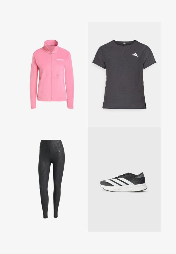 Pink fleece jacket with a high collar, full zip, side pocket, and white "TERREX" logo on the chest. Soft texture, streamlined design.; Short-sleeve athletic t-shirt, dark gray with perforated texture. Features a white logo and contrasting side stripes. Rounded neckline.; Black leggings with a tonal zebra pattern, high waist, smooth texture, and an Adidas logo on the left hip. Crafted from stretchy fabric.; Black athletic shoe with white stripes, mesh upper, cushioned sole, and a sleek design. Accents of gray on the heel and tongue.