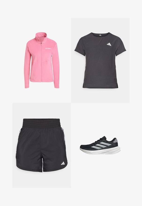 Giacca in fleece rosa con colletto alto, zip completamente aperta, tasca laterale e logo "TERREX" bianco sul petto. Texture morbida, design lineare.; T-shirt atletico a maniche corte, grigio scuro con texture perforata. Presenta un logo bianco e strisce laterali a contrasto. Girocollo.; Pantaloni sportivi neri con elastico in vita, tasche laterali e strisce bianche ai lati. Realizzati in materiale leggero.; Scarpa da corsa nera con tomaia in mesh, tre strisce argentate, intersuola bianca e suola testurizzata. Presenta un colletto imbottito e chiusura con lacci.