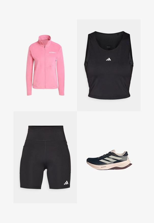 Roza flis jakna s visokim ovratnikom, punim patentnim zatvaračem, bočnim džepom i bijelim "TERREX" logotipom na prsima. Mekana tekstura, aerodinamičan dizajn.; Crni sportski crop top napravljen od tkanine koja odvodi vlagu, s okruglim izrezom, bez rukava i bijelim logotipom na prsima.; Crne atletske kratke hlače izrađene od rastezljivog materijala. Visoki struk, dužina do sredine bedra, s bijelim logotipom od tri pruge na donjoj lijevoj strani.; Tenisice za trčanje s tamnoplavom mrežastom gornjom partijom, svijetlosmešnim đonom i bijelim trostrukim prugama. Odlikuju se elegantnim, aerodinamičnim oblikom i teksturiranim detaljima.