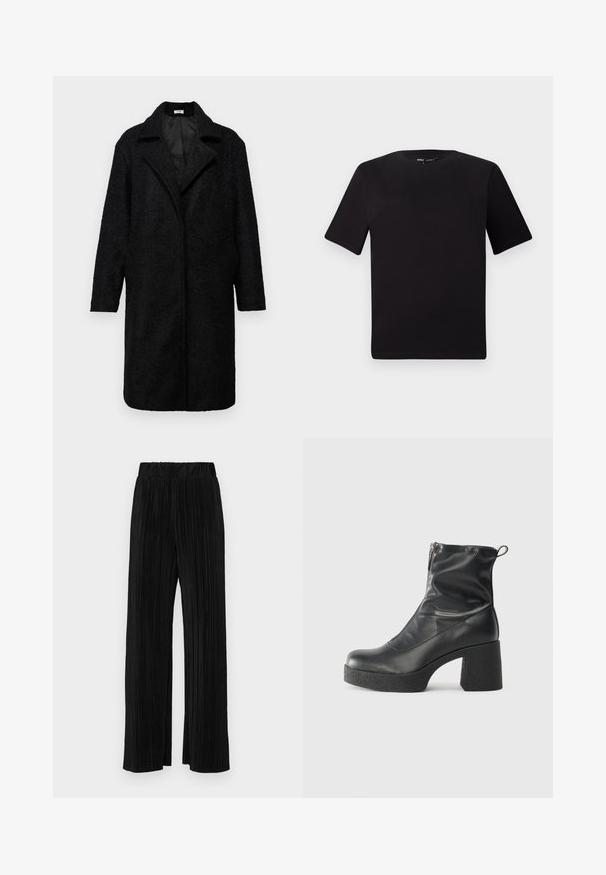 Fekete, hosszú gyapjúkeverék kabát textúrált felülettel, kiképzett hajtókával, nyitott elülső résszel és két oldalsó zsebével; közepes hosszúságú ujjak.; Fekete, rövid ujjú póló, kerek nyakkal, puha pamutból készült. Egyszerű dizájn, nincs látható logó vagy minta.; Fekete pliszírozott nadrág gumis derekkal. Széles lábakkal rendelkezik, sima, texturált anyagból készült, függőleges csíkokkal.; Fekete bokacsizmák sima bőrből, oldalsó cipzárral, vastag, texturált sarkú és lekerekített orrú dizájnnal.