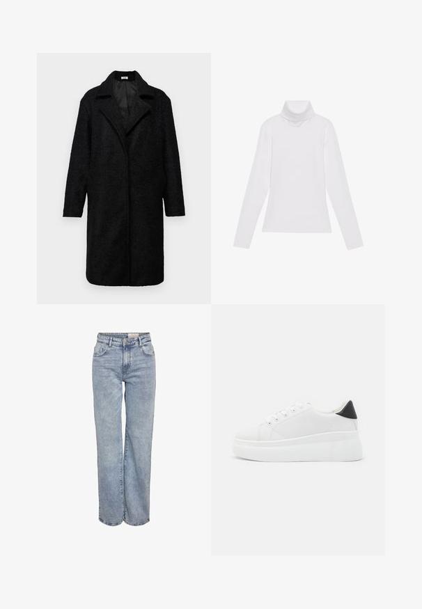 Melnas, garas vilnas maisījuma mēteles ar teksturētu apdari, iegriezts apkakle, atvērta priekšpuse un divas sānu kabatas; vidējas garuma piedurknes.; Balts garie piedurknēm turtlenecks krekls, izgatavots no gludas, elastīgas auduma. Iezīmē augstu apkakli un pielāgotu dizainu, bez redzamām rakstainām vai rotājumiem.; Gaiši zili platlapu džinsi, izgatavoti no denima, ar augstu jostasvietu, piecu kabatu dizainu un vieglu nolietojuma efektu.; Baltas platforma kedas, izgatavotas no gludas sintētiskas vielas, ar noapaļotu purngalu, saites dizainu un teksturētu gumijas zoli. Melna papēža akcenta detaļa.