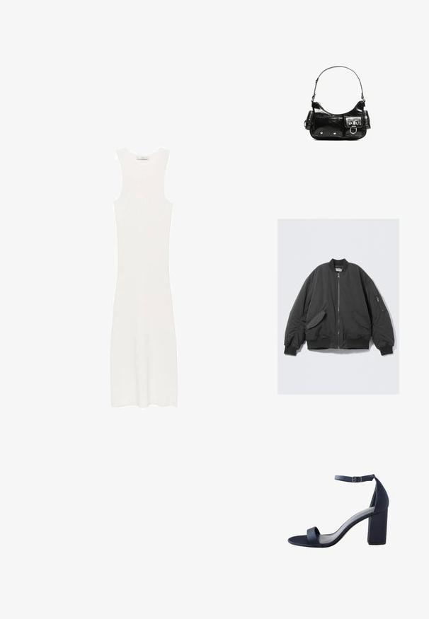 Čierna bomber bunda s predným zipsom, rebrovaným golierom a manžetami, bočnými vreckami a ďalším zipsom na ľavom rukáve.; Biela, bezrukávová, rebrovaná pletená šaty s obopínajúcou siluetou, dosahujúce pod kolená. Jednoduchý a minimalistický dizajn, bez vzorov alebo kovových doplnkov.; Námornícky modré sandále na vysokom opätku s hladkou textúrou, širokým pásikom cez prsty, pásikom okolo členku a blokovým opätkom pre stabilitu.; Čierna laková kožená kabelka s ohnutým tvarom, jedným ramenným popruhom, prednými vreckami a striebornými kovovými doplnkami.