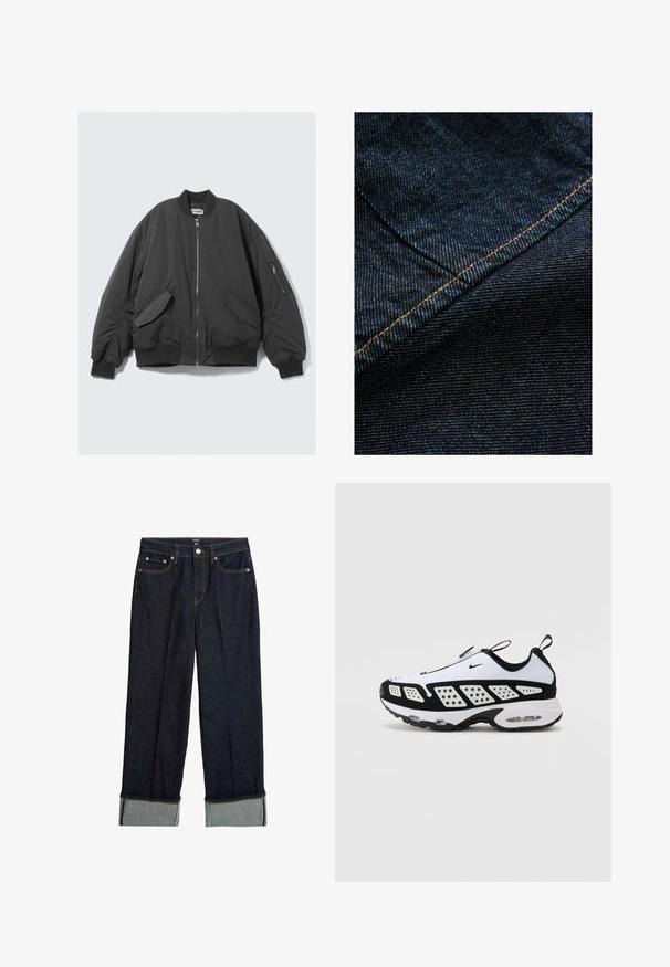 Veste bomber noire avec fermeture éclair à l'avant, col et poignets côtelés, poches latérales et une poche zippée supplémentaire sur la manche gauche.; Tissu en denim bleu foncé avec une texture verticale subtile, présentant des coutures orange le long de la couture pour souligner.; Jean large bleu foncé avec un ourlet retroussé, présentant des coutures orange et un design classique à cinq poches. Fabriqué en tissu en denim.; Baskets Nike en blanc et noir. Présente un design épuré, un mesh respirant et des panneaux perforés contrastants. Unité d'air visible dans la semelle.