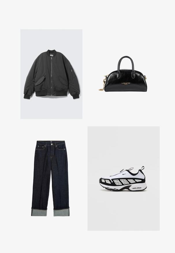 Black bomber jacket featuring a zip front, ribbed collar and cuffs, side pockets, and an additional zip pocket on the left sleeve.; Dark blue denim fabric with a subtle vertical texture, featuring orange stitching along the seam for accent.; Dark blue wide-leg jeans with a rolled hem, featuring orange stitching and classic five-pocket design. Made from denim fabric.; Nike sneaker in white and black. Features a streamlined design, breathable mesh, and contrasting perforated panels. Visible air unit in sole.; Black leather handbag with a curved design, dual handles, gold hardware, and a chain shoulder strap. Features the logo "Lancaster Paris."