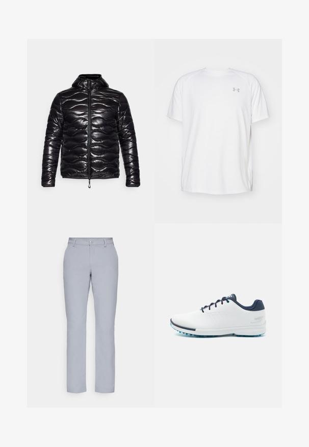 EA7 Emporio Armani ST MORITZ PADDED PACKABLE JACKET - Smučarska jakna - black; Bela kratka športna majica s kratkimi rokavi, izdelana iz gladkega blaga. Ima okroglo ovratnico in sivo logotip na levi prsi ter stranske razpoke na robu.; Svetlo sivi hlače ravnega kroja, s zapiranjem na gumb, sprednjimi žepi in gladkim, strukturiranim materialom. Minimalističen dizajn, brez vzorcev.; Bela športna obutev z gladkim sintetičnim zgornjim delom, modrimi akcenti, teksturiranim mornarsko modrim petnim delom in lahkim podplatom z bodicami za oprijem.