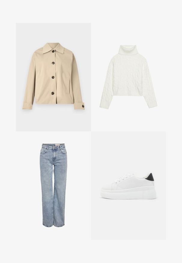 Beige jaka, izgatavota no kokvilnas, ar klasisku apkakli, priekšējiem pogām un sānu kabatām; gluda tekstūra un strukturēts dizains.; Balta adīta turtleneka džemperis ar īsu siluetu, ar ribotām piedurknēm un apakšmalu. Mīksta tekstūra ar ērti, masīvu dizainu.; Gaiši zili platlapu džinsi, izgatavoti no denima, ar augstu jostasvietu, piecu kabatu dizainu un vieglu nolietojuma efektu.; Baltas platforma kedas, izgatavotas no gludas sintētiskas vielas, ar noapaļotu purngalu, saites dizainu un teksturētu gumijas zoli. Melna papēža akcenta detaļa.