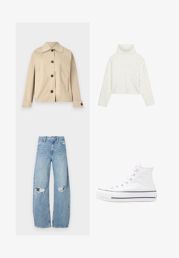 Bežinė medžiaginė striukė, pasižyminti klasikiniais apykakle, priekiniais mygtukais ir šoninėmis kišenėmis; lygi tekstūra ir struktūrizuotas dizainas.; Balta pynimo kabeliu megztukė su pakeltu kaklu ir trumpa siluetu, turinti raibą antkaklį ir apačią. Minkšta tekstūra su jaukia, masyviu dizainu.; Šviesiai mėlynos, aukštu juosmeniu džinsai pagaminti iš džinsinio audinio. Turi plačias kojų kelnes, dvi suplėšytas kelio vietas ir klasikinį penkių kišenių dizainą.; Balti aukštakulniai drobės sportbačiai su juodu guminio pado, priekinio guminio piršto dangteliu ir šešiais akytėmis raištams, pasižymintys švariu, minimalistiniu dizainu.