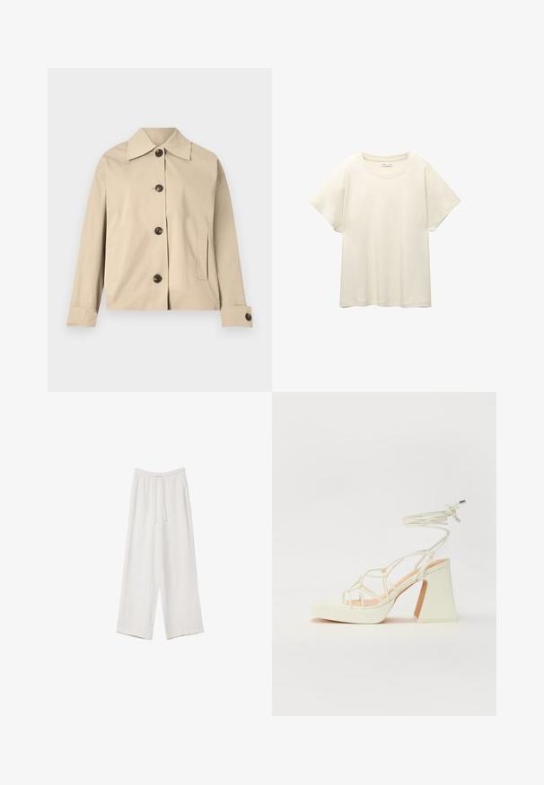 Bežna jakna iz bombaža, z značilnim ovratnikom, sprednjimi gumbi in stranskimi žepi; gladka tekstura in strukturiran dizajn.; Svetlo bež kratkosleeven majica s okroglim ovratnikom, izdelana iz mehke, gladke tkanine. Ima sproščen kroj in raven rob.; Bele široke hlače iz lahkega materiala. Imajo elastičen pas s vrvico in stranske žepe. Gladka tekstura.; Bela sandala na visokih petah s debelim petam, ki ima obliko trakcev in vezanje okoli gležnja. Gladka tekstura z platformo spredaj za dodatno višino.