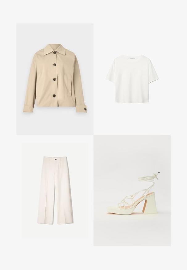 Beige jakke lavet af bomuld, med en klassisk krave, frontknapper og sidelommer; glat tekstur og struktureret design.; Hvid kortærmet t-shirt lavet af bomuld. Har en rund halsudskæring og en afslappet pasform. Glat tekstur uden synlige mønstre eller detaljer.; Cremefarvede bukser med bred benvidde og skræddersyet design, der har to forlommer og en enkelt frontknaplukning, lavet af et glat stof.; Hvide højhælede sandaler med en kraftig hæl, der har et stropdesign og ankelbinding. Glat tekstur med en platform foran for ekstra højde.