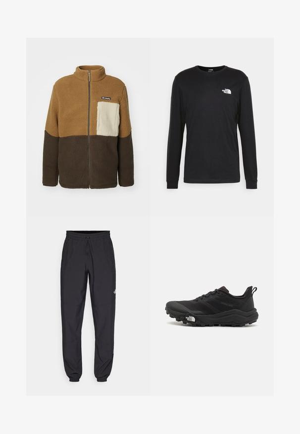 Columbia MOUNTAINSIDE™ HEAVYWEIGHT - Giacca in pile - delta/cordovan/ancient fossil; T-shirt a maniche lunghe nera in cotone, con un logo bianco sul lato sinistro del petto e polsini a costine. Texture liscia con scollatura a girocollo.; Pantaloni sportivi neri realizzati in tessuto leggero, con vita regolabile con cordino, tasche laterali e orli affusolati alle caviglie.; Scarpa da trail running nera con tomaia texture, suola in gomma e punta rinforzata. Presenta un collare imbottito e un tassello per un indossamento facile.