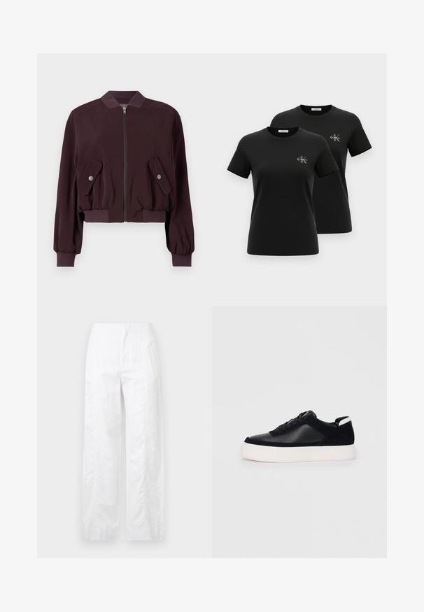 Burgundijska bomber jakna z zadrgo spredaj, rebrastimi manšetami in dvema žepoma s klapnami. Narejena iz gladkega materiala s nekoliko napihnjenim oblikovanjem.; Dve črni majici s kratkimi rokavi in okroglim izrezom, vsaka z majhnim sivim logotipom "CK Calvin Klein" na levi strani prsi, prikazani na belem ozadju.; Bela široka hlače iz lahkega materiala, ki se ponašajo z gladko teksturo, čistimi linijami in visokim pasom.; Črne športne copate z gladko usnjeno in semišnimi paneli, ravnimi vezalkami, zaobljenim nosom in belim gumijastim podplatom. Oznaka na peti.