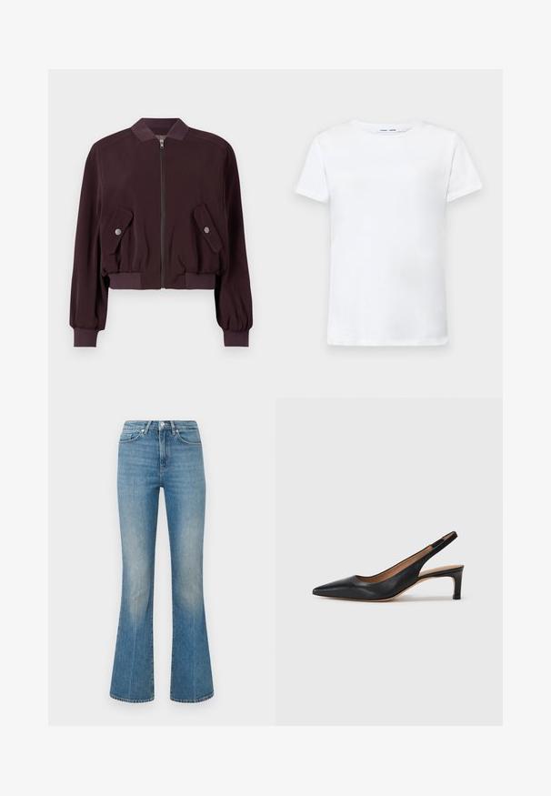 Burgundy bomber jacket with a zip front, ribbed cuffs, and two flap pockets. Made from a smooth fabric with a slightly puffed design.; White short-sleeve t-shirt made of cotton with a crew neck design. Smooth texture and straight cut, no patterns or accents.; Light blue flared jeans made from denim. Features a waistband with a button and a faded wash, tapering to a wide hem at the ankles.; Black leather slingback pump with a pointed toe, low heel, and a smooth texture. Features a thin adjustable strap for a secure fit.