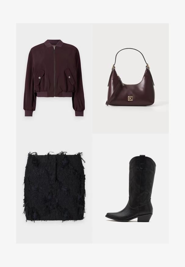 Bordeaux bomberjack met een rits aan de voorkant, ribbels aan de mouwen en twee klepzakken. Gemaakt van een gladde stof met een licht opgezette uitstraling.; Twee mouwloze geribbelde coltruien in bruin en zwart, weergegeven op een effen witte achtergrond.; Zwarte textuurrok met een gelaagde franjes ontwerp en een licht onregelmatige zoom, gemaakt van een lichte stof.; Zwarte leren cowboylaars met spitse neus, lage gestapelde hak en een ingewikkeld geïmbossieerd bladerenpatroon op de schacht. Lus aan de bovenkant voor eenvoudig aantrekken.; Bordeaux leren handtas met een gebogen vorm, gouden accenten op het beslag en een ritssluiting. Voorzien van een afneembare schouderriem.