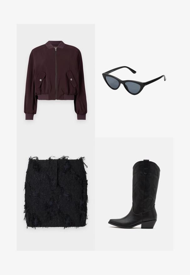 Bordeaux bomberjack met een rits aan de voorkant, ribbels aan de mouwen en twee klepzakken. Gemaakt van een gladde stof met een licht opgezette uitstraling.; Twee mouwloze geribbelde coltruien in bruin en zwart, weergegeven op een effen witte achtergrond.; Zwarte textuurrok met een gelaagde franjes ontwerp en een licht onregelmatige zoom, gemaakt van een lichte stof.; Zwarte leren cowboylaars met spitse neus, lage gestapelde hak en een ingewikkeld geïmbossieerd bladerenpatroon op de schacht. Lus aan de bovenkant voor eenvoudig aantrekken.; Zwarte cat-eye zonnebril met donkergrijze lenzen, slank plastic frame, puntige hoeken en rechte pootjes. Geen zichtbare hardware of accenten.; Bordeaux leren handtas met een gebogen vorm, gouden accenten op het beslag en een ritssluiting. Voorzien van een afneembare schouderriem.