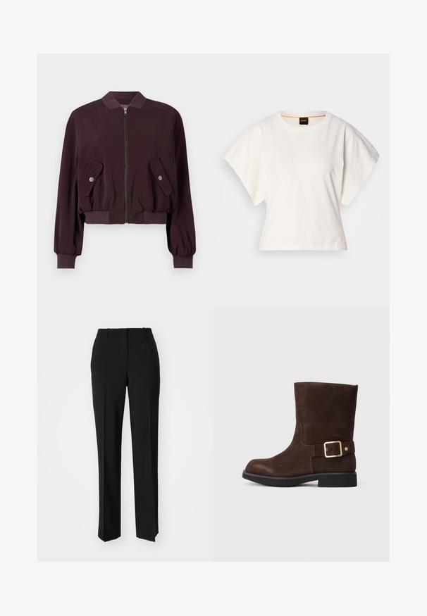 Burgundská bomber bunda se zipem vpředu, vroubkovanými manžetami a dvěma kapsami s klopou. Vyrobena z hladké látky s mírně vycpaným designem.; Bílý zkrácený T-shirt, krátké široké rukávy, měkký bavlněný materiál, kulatý výstřih s jemným oranžovým lemováním, minimalistický design, bez vzorů nebo grafik.; Černé kalhoty na míru se střihem do rovna, které mají hladkou texturu a ostré sklady na přední straně. Bez viditelného kování.; Hnědé daimové kotníkové boty s kulatou špičkou, plochou černou podrážkou a zlatou sponou na boku. Hladká textura a jednoduchý design.