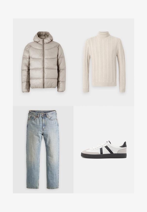 Puffermantel in hellbeige, mit Kapuze, Reißverschluss und gesteppter Optik mit auffälligen horizontalen Nähten. Glatte, glänzende Textur.; Beige, gestrickter Pullover mit hohem, geripptem Rollkragen. Er verfügt über ein strukturiertes Zopfmuster sowie gerippte Bündchen und Saum, was ein gemütliches Erscheinungsbild bietet.; Helle blaue Jeans mit hoher Taille, Frontknopf, Reißverschluss und fünf Taschen-Design, flach auf einem neutralen Hintergrund ausgelegt.; Weiße Sneaker mit schwarz- und grau-aczenten, ausgestattet mit einer strukturierten grauen Zehenkappe, schwarzer Gummi-Sohle und flachen weißen Schnürsenkeln. Sauberes Design, minimalistische Stil.
