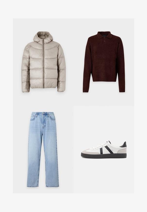 Puffermantel in hellbeige, mit Kapuze, Reißverschluss und gesteppter Optik mit auffälligen horizontalen Nähten. Glatte, glänzende Textur.; Brauner Strickpullover mit Polo-Kragen, drei Knöpfen am Hals und langen Ärmeln. Weiche Textur, gerippte Bündchen und Saum.; Helle blaue Jeans im geraden Schnitt, hohe Taille, fünf Taschen und Knopfverschluss. Mit ausgewaschenem Look und Kontraststeppnaht.; Weiße Sneaker mit schwarz- und grau-aczenten, ausgestattet mit einer strukturierten grauen Zehenkappe, schwarzer Gummi-Sohle und flachen weißen Schnürsenkeln. Sauberes Design, minimalistische Stil.