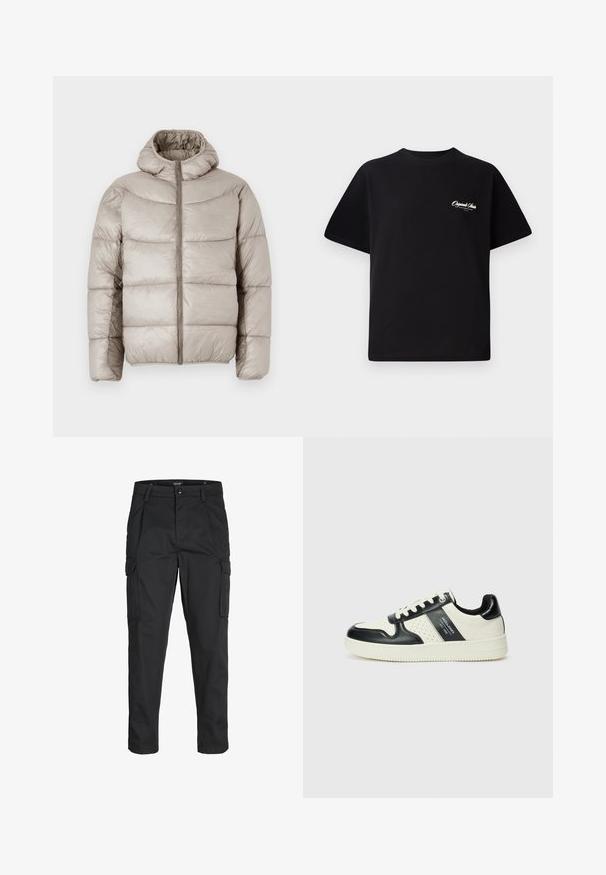 Puffer jacket in light beige, featuring a hood, zip closure, and quilted design with prominent horizontal stitching. Smooth, shiny texture.; Black cotton t-shirt featuring a crew neckline, short sleeves, and small white logo text on the left chest. Simple design, classic fit.; Black cargo pants made of sturdy fabric, featuring multiple pockets, a button closure, and a slim fit design with tapered legs.; Leather sneakers with a black and cream color scheme, featuring perforated accents, a padded collar, and a textured outsole.