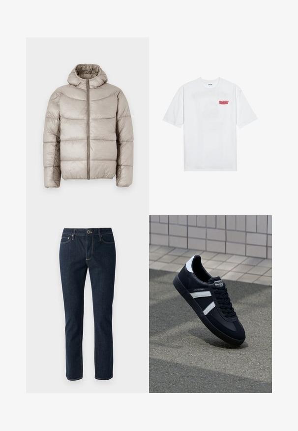 Geacă umflată de culoare bej deschis, cu glugă, închidere cu fermoar și un design matlasat cu cusături orizontale proeminente. Textură netedă și strălucitoare.; Tricou alb din bumbac, cu mâneci scurte, guler rotund și un text grafic roșu "FRUCTE DELICIOASE ȘI RACORITOARE" pe față.; Jeans din denim albastru închis cu un design drept, având închidere cu buton, cinci buzunare și cusături contrastante. Textură netedă.; Sneaker din piele neagră cu dungi albe, talpă din cauciuc texturat și șireturi. Prezintă un eticheta de marcă pe limbă.