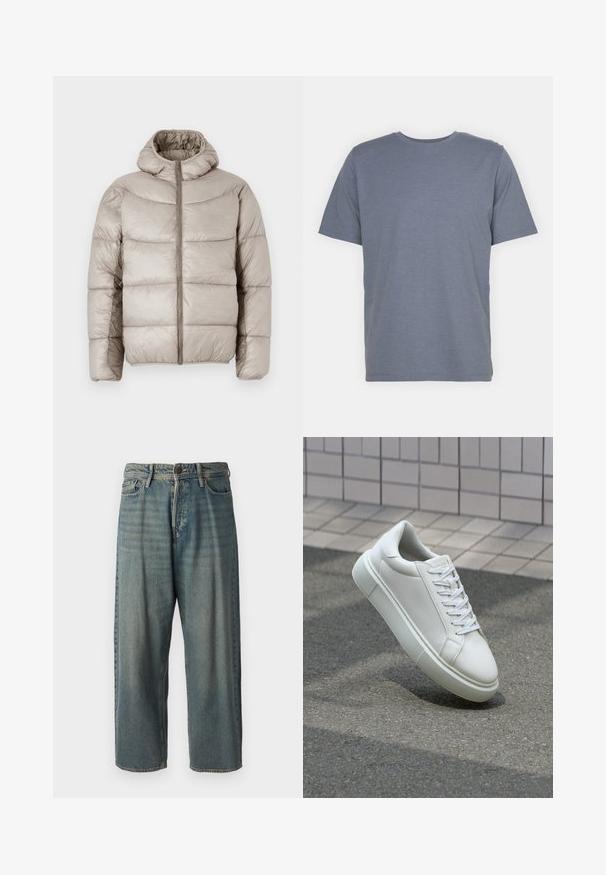Puffermantel in hellbeige, mit Kapuze, Reißverschluss und gesteppter Optik mit auffälligen horizontalen Nähten. Glatte, glänzende Textur.; Graues T-Shirt mit kurzen Ärmeln und Rundhalsausschnitt, aus weichem Baumwollmixstoff gefertigt. Schlichtes Design, keine Muster oder Akzente.; Helle blaue Denim-Jeans mit lockerer Passform, mittelhoher Taille und geraden Beinen. Hat fünf Taschen, Gürtelschlaufen und einen Knopfverschluss.; Weiße Leder-Sneaker mit glatter Oberfläche, runder Zehenpartie und flachen weißen Schnürsenkeln. Verfügt über eine strukturierte Gummisohle und minimalistische Designelemente.