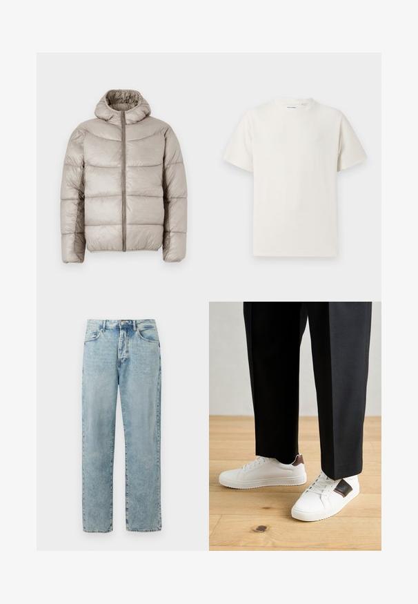 Puffjakke i lys beige, med hette, glidelås og quiltet design med tydelig horisontal søm. Glatt, blank tekstur.; Hvit T-skjorte med kort erm i ribbestrikket tekstur. Rund hals, avslappet passform, ingen synlige mønstre eller detaljer. Enkelt og allsidig design.; Lyseblå jeans med enkelt ben og knapp- og glidelås-lukking, frontlommer og subtile falmede detaljer.; Hvite sneakers med glatt tekstur, med brune skinnakenter og svart detaljer, parret med svarte skreddersydde bukser. Bakgrunn med tregulv.