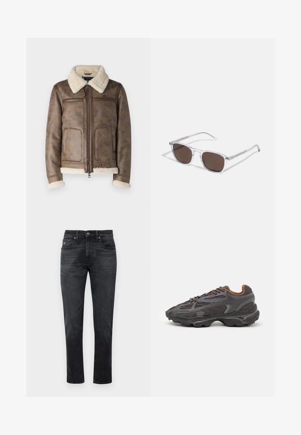 Ruda odinė striukė su švelniu grietinėlės spalvos avikailio apykakle ir rankogaliais. Savybės: užtrauktuko uždarymas ir priekiniai kišeniai su tekstūruota apdaila.; Juodas aukšto kaklo megztinis, pagamintas iš minkštos medžiagos, su ilgomis rankovėmis ir prigludusia forma. Su raukiniais apačioje ir rankogaliuose. Paprastas dizainas.; Juodi džinsai su tiesiu kirpimu, su penkių kišenių dizainu ir užtrauktuku. Subtilūs blukimo ir siuvimo detalės ant kišenių.; Lacoste sportbačiai tamsiai pilki, pagaminti iš tinklinės ir sintetinių medžiagų, su tekstūruotu padu ir rudomis detalėmis ant apykaklės bei prekės ženklo.; Skaidrūs plastikiniai saulės akiniai su stačiakampiais rudos spalvos lęšiais, pasižymintys plonais, skaidriais šonais ir metaliniais akcentais ant rėmo.