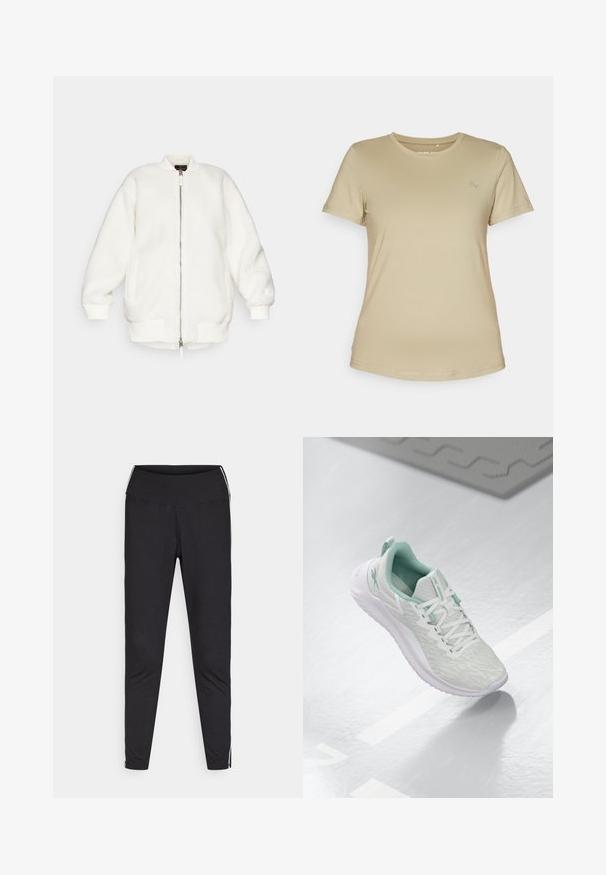 Hvit, fluffy bomberjakke med glidelås foran, ribbestrikkede mansjetter og kant. Har en rund krage og sidelommer. Myk tekstur og oversized passform.; Beige kortermet t-skjorte i et glatt, elastisk stoff. Har rund hals og en subtil logo på øvre venstre brystområde.; Sorte leggings laget av elastisk stoff. Høy midje, tettsittende passform, med hvite side-striper langs de ytre sømmene. Glatt tekstur.; Lys grå idrettssko med en teksturert strikket overdel, mintgrønne detaljer, hvite snøringer, gummisåle og en løftestropp på hælen.