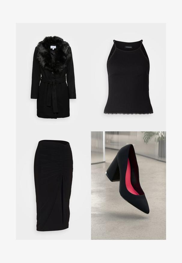 VILA VIMETIL COLLAR - Κλασικό παλτό - black; Μαύρη ριγέ αμάνικη μπλούζα με δαντέλα στη βάση. Διαθέτει λεπτές τιράντες και εφαρμοστή σχεδίαση. Φτιαγμένη από ελαστικό ύφασμα.; Μαύρη, ραμμένη pencil φούστα με λεπτομέρεια κόμπο και πλάγιο άνοιγμα. Κατασκευασμένη από ελαστικό ύφασμα, διαθέτει λείο υφή και εφαρμοστή γραμμή.; Μαύρο τακούνι με尖 καμπυλωτή μύτη, υφή και έντονο ροζ εσωτερικό. Διαθέτει χοντρό τακούνι με ασημί λεπτομέρεια.