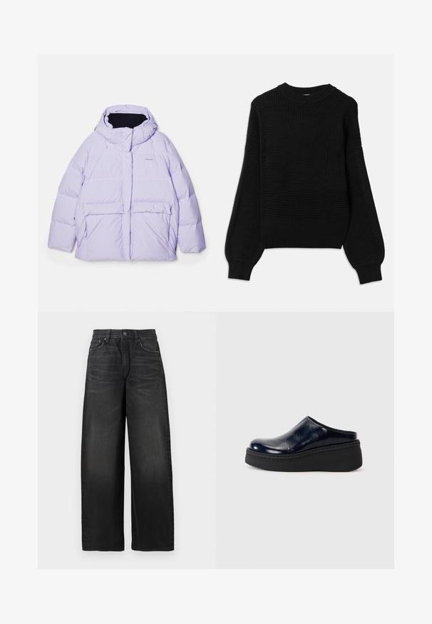 Lyslilla puffer-jakke med en aftagelig hætte, to forlommer, stikninger og et broderet logo på brystet.; Sort sweater med et tekstureret strikdesign, ribbet rund halsudskæring og oversized ballonærmer med en glat finish.; Sorte højtaljede bredbenede jeans med subtil falming og en lille slidset plet på den øverste højre lår.; Marineblå patenteret læderklap med en glat overflade, der har en tyk sort platformssål og synlig syning langs bunden.