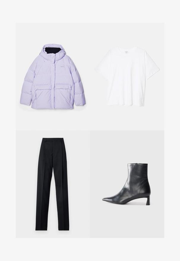 Lavender puffer jacket with a detachable hood, two front pockets, stitched panels, and an embroidered logo on the chest.; White cotton t-shirt with short sleeves, round neckline, relaxed fit, and stitched hem. Label visible on the inside neck.; Black trousers made from smooth fabric featuring a high waist, wide legs, front pleats, and classic belt loops. No side pockets visible.; Black leather ankle boot with a pointed toe and a sleek design. Features a low heel and a zipper closure at the back. Smooth texture.