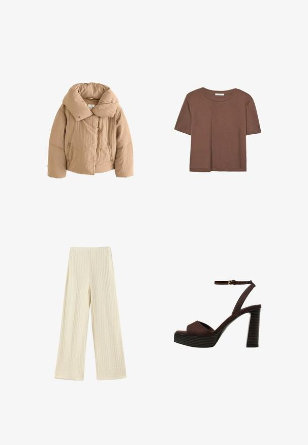 Giubbotto imbottito beige con ampio colletto, tasche laterali con cerniera e tessuto testurizzato. Presenta una chiusura frontale con bottoni automatici e una vestibilità cropped.; Maglietta a maniche corte marrone realizzata in tessuto morbido, con scollatura rotonda e vestibilità rilassata. Nessun motivo o dettaglio visibile.; Pantaloni a gamba larga in un tessuto testurizzato color crema. Il design presenta un motivo a nido d'ape con vita alta e gambe lunghe.; Sandal in camoscio marrone con tacco alto, punta aperta, cinturino alla caviglia regolabile e suola a piattaforma striata.