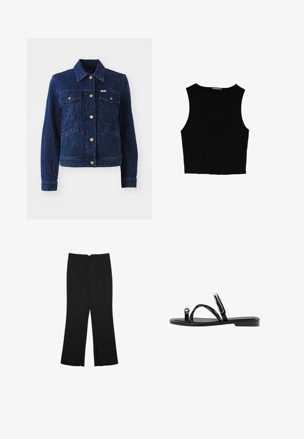 Veste en jean bleu marine avec un motif texturé, comprenant quatre poches avant et des boutons en métal cuivré. Col classique et manches longues.; Top court sans manches noir en tissu lisse, avec un col rond et un design épuré, simple, sans motifs ni accessoires.; Pantalon noir avec une coupe droite, doté de poches avant et d'éclairs sur l'ourlet. Fabriqué en tissu doux et lisse. Convient à diverses occasions.; Sandales noires plates avec une finition brillante, trois fines lanières et un détail en métal circulaire au niveau des orteils. Design épuré avec un talon minimal.