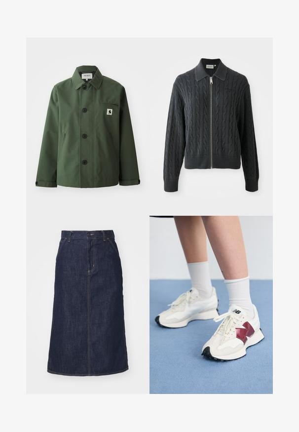 Mørkegrøn jakke lavet af glat stof med lige snit, hvilket inkluderer krave, forknapper, brystlomme og sidelommer.; Mørkegrå lynlåstrøje med kabelstrikket mønster, krave-design og ribkantede manchetter og kant. Har en sølv lynlås lukning.; Sort T-shirt lavet af bomuld med korte ærmer. Har et hvidt edderkoppespin grafik og logo på fronten. Enkel rund halsudskæring.; Mørk denimnederdel med høj talje, lige skæring, forlommer og stikninger. Har lynlås og knaplukning i taljen.; Et par hvide sneakers med maroon detaljer, strukturerede paneler, flad sort sål og lyse snørebånd, båret med hvide ankelstrømper.